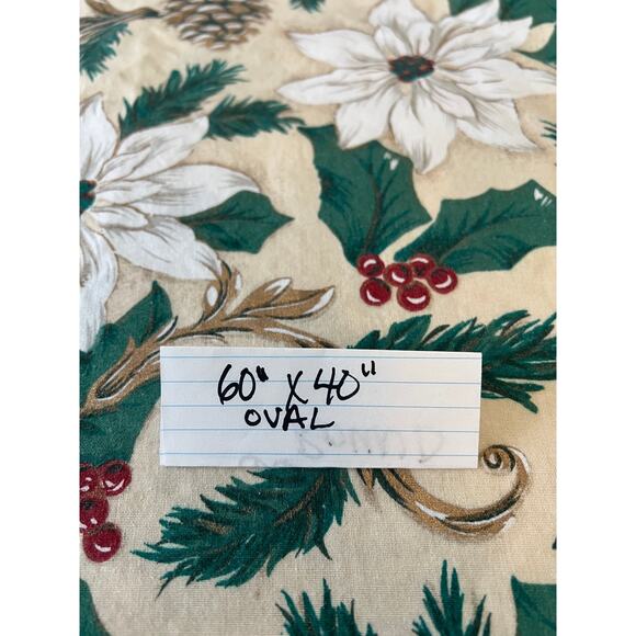 Vintage Christmas floral oval tablecloth pinecones poinsettia holly table decor - Picture 7 of 7